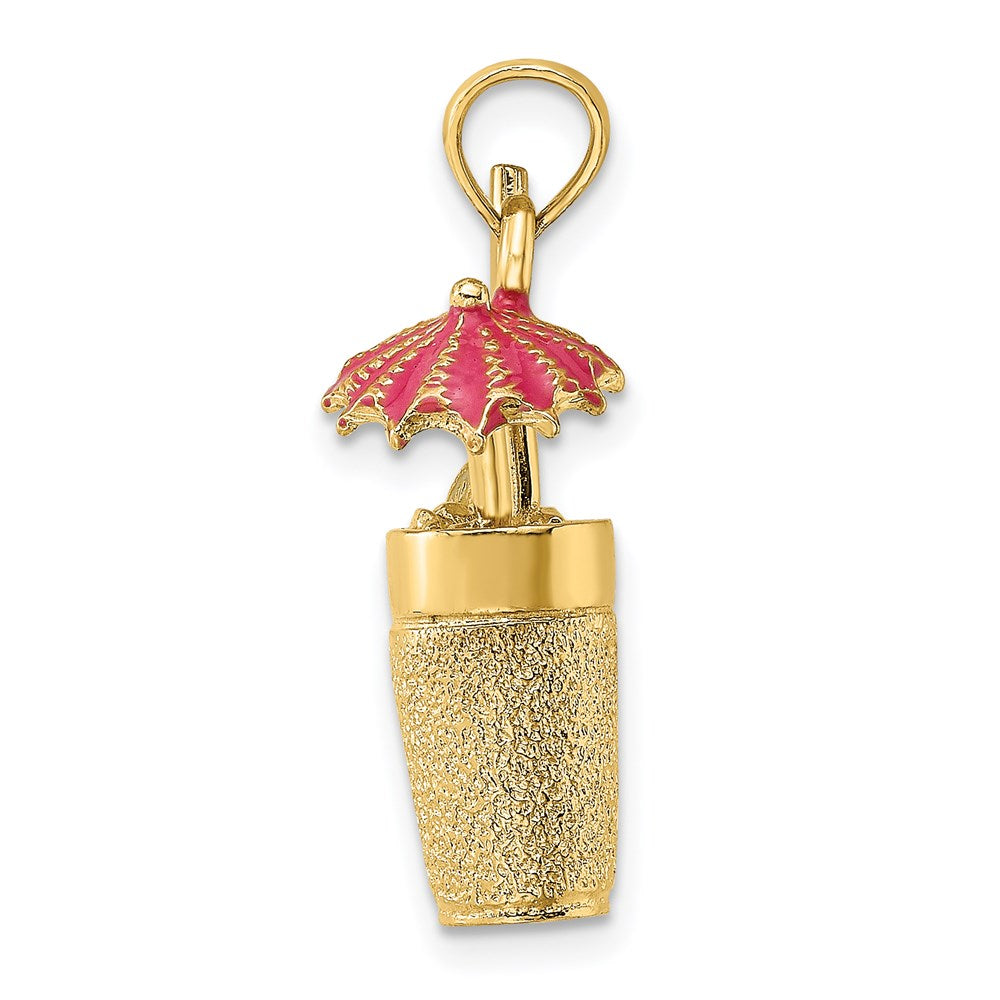 Million Charms 14K Yellow Gold Themed 3-D Cocktail Drink With Fuschia Enamel Umbrella & Lime Charm