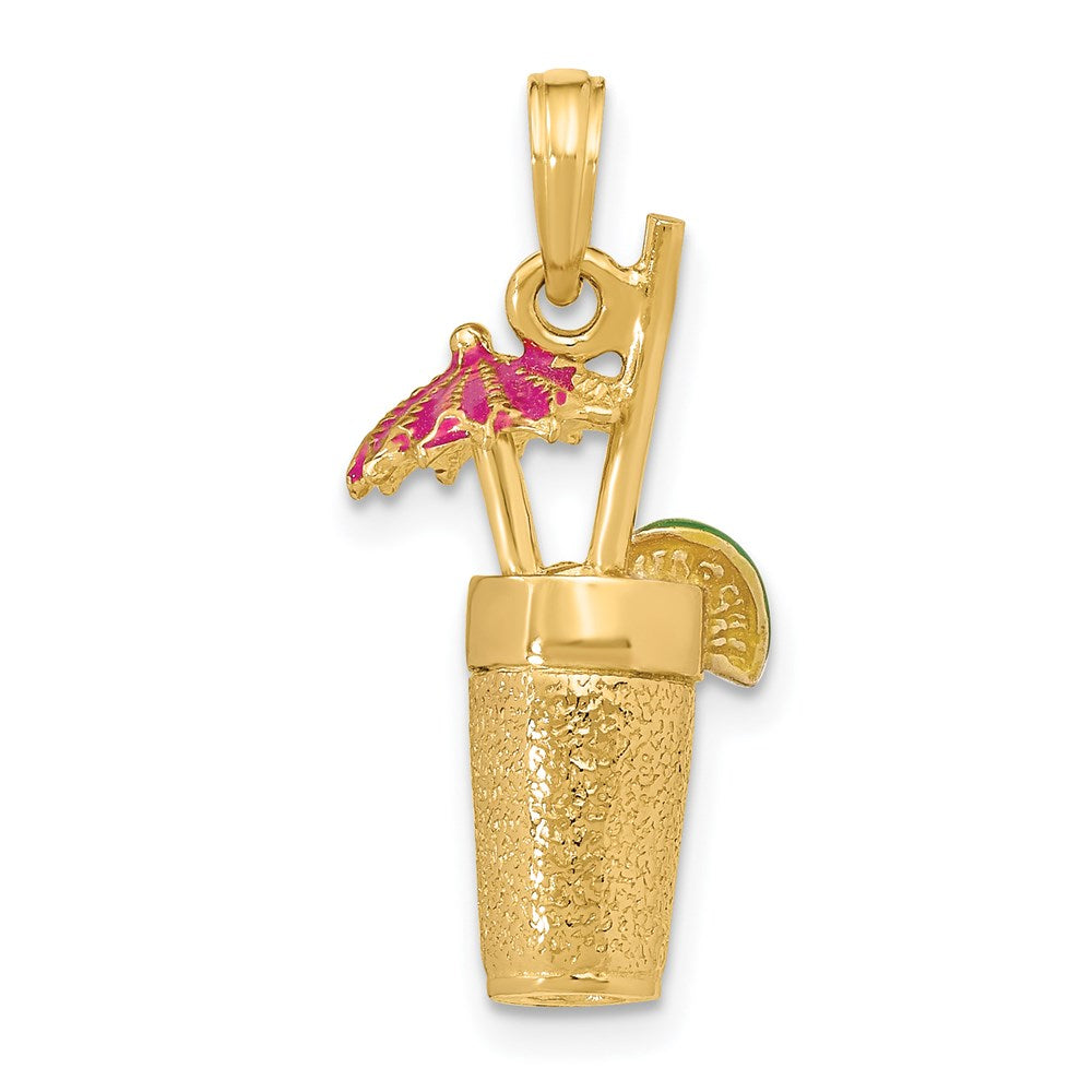 Million Charms 14K Yellow Gold Themed 3-D Cocktail Drink With Fuschia Enamel Umbrella & Lime Charm