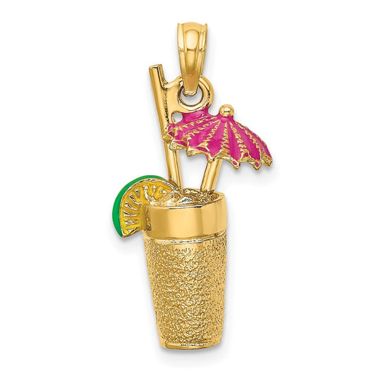 Million Charms 14K Yellow Gold Themed 3-D Cocktail Drink With Fuschia Enamel Umbrella & Lime Charm