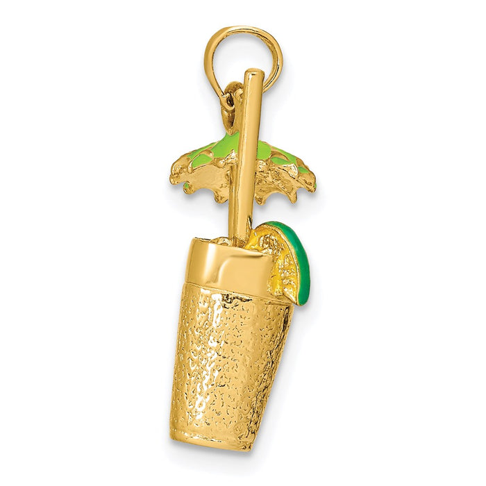Million Charms 14K Yellow Gold Themed 3-D Cocktail Drink With Green Enamel Umbrella & Lime Charm