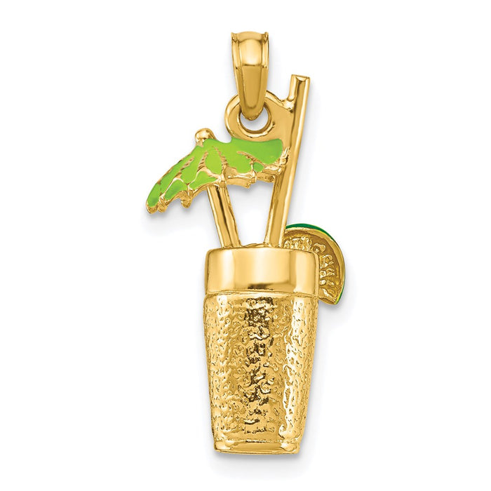 Million Charms 14K Yellow Gold Themed 3-D Cocktail Drink With Green Enamel Umbrella & Lime Charm