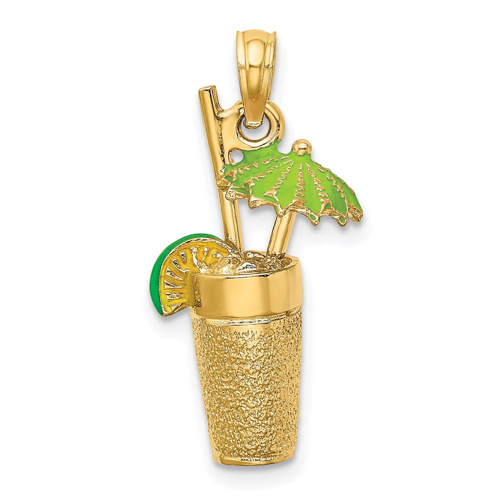 Million Charms 14K Yellow Gold Themed 3-D Cocktail Drink With Green Enamel Umbrella & Lime Charm