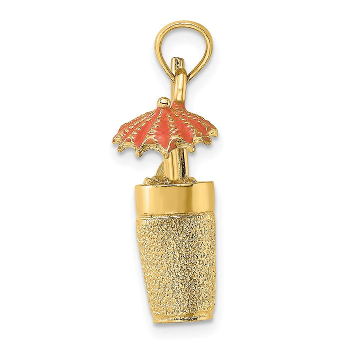 Million Charms 14K Yellow Gold Themed 3-D Cocktail Drink With Orange Enamel Umbrella & Lime Charm