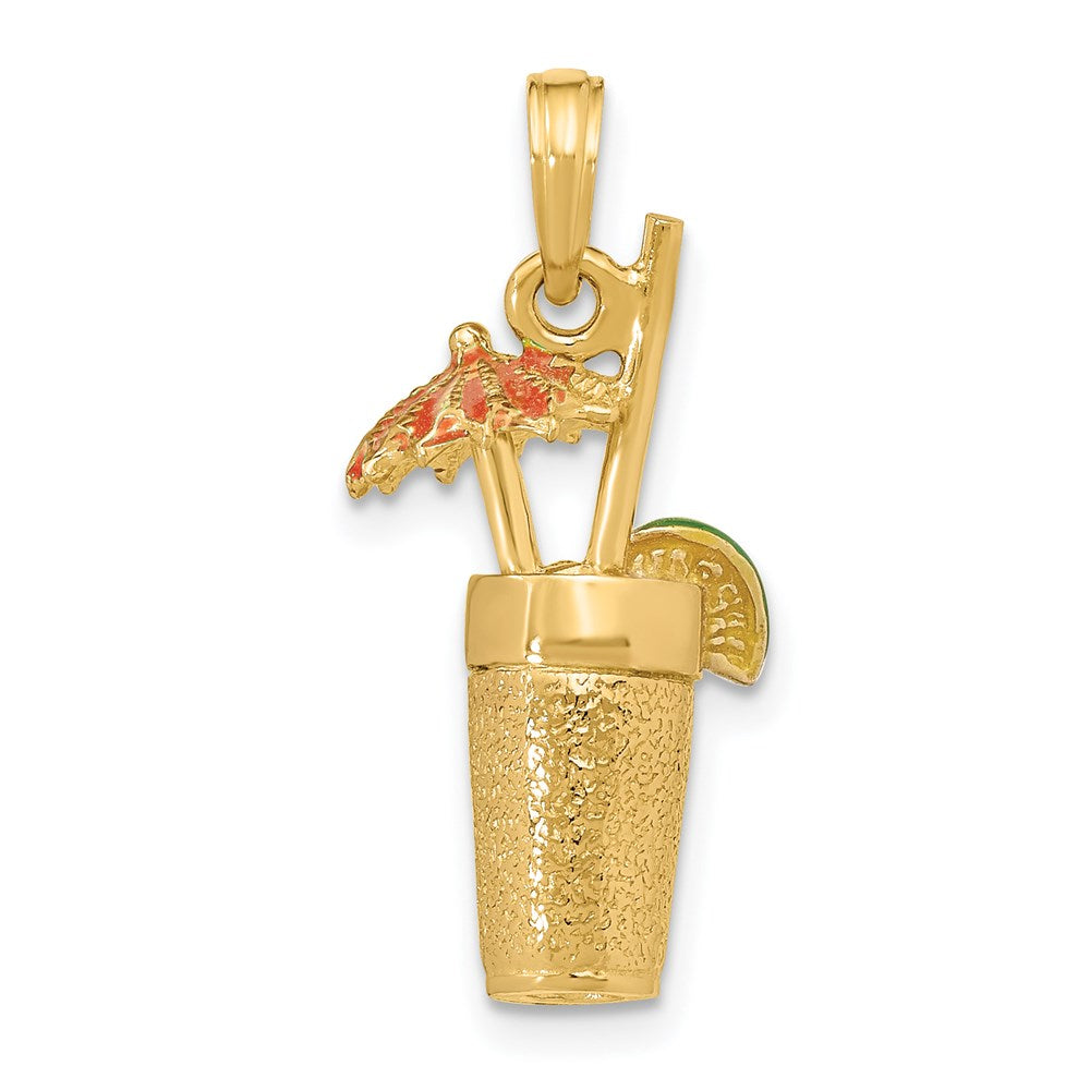 Million Charms 14K Yellow Gold Themed 3-D Cocktail Drink With Orange Enamel Umbrella & Lime Charm