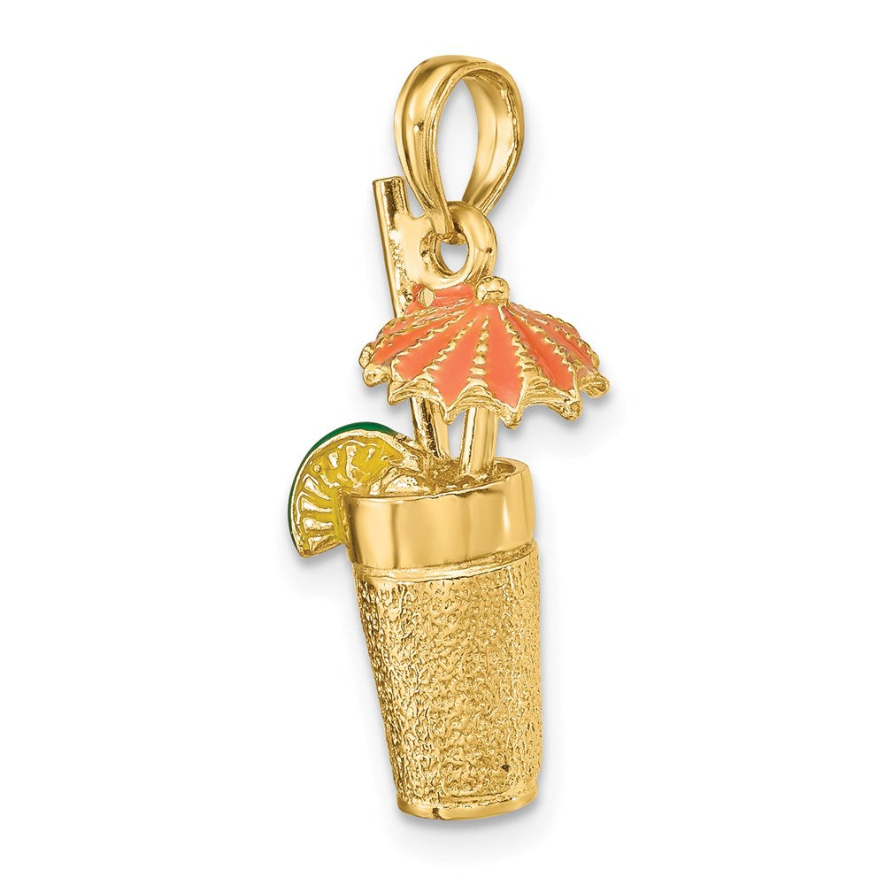 Million Charms 14K Yellow Gold Themed 3-D Cocktail Drink With Orange Enamel Umbrella & Lime Charm