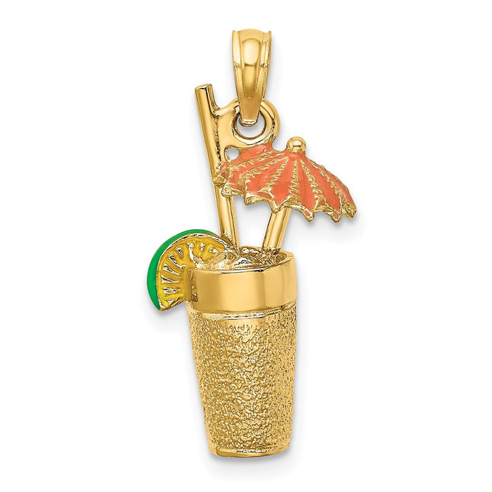 Million Charms 14K Yellow Gold Themed 3-D Cocktail Drink With Orange Enamel Umbrella & Lime Charm
