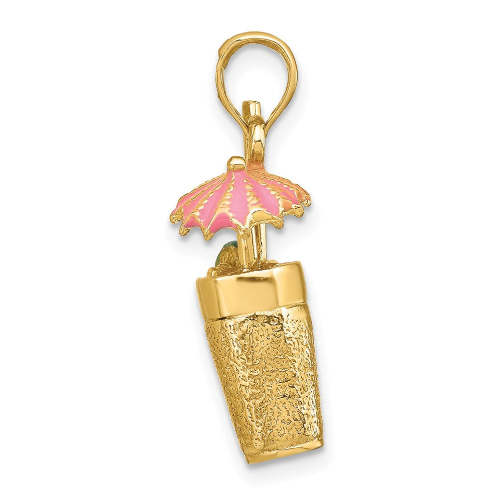 Million Charms 14K Yellow Gold Themed 3-D Cocktail Drink With Pink Enamel Umbrella Charm