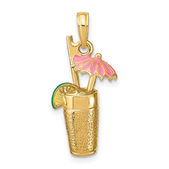 Million Charms 14K Yellow Gold Themed 3-D Cocktail Drink With Pink Enamel Umbrella Charm