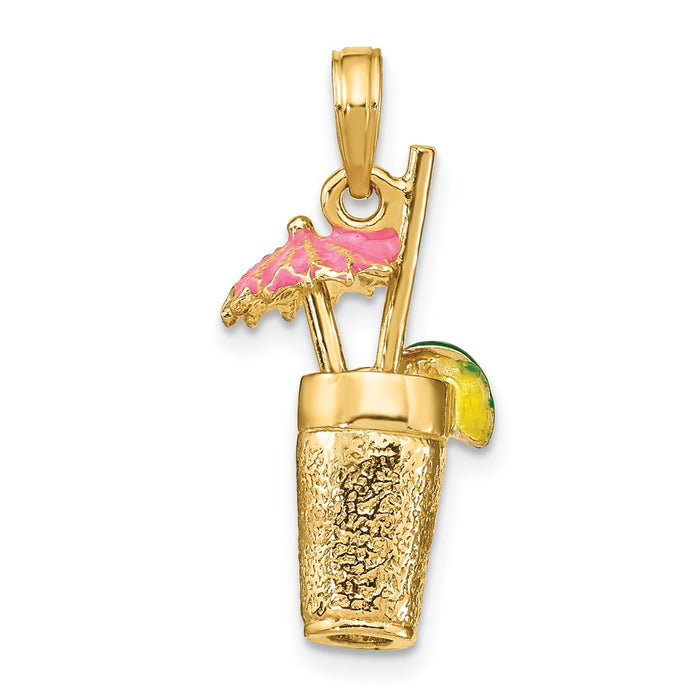 Million Charms 14K Yellow Gold Themed 3-D Cocktail Drink With Pink Enamel Umbrella Charm