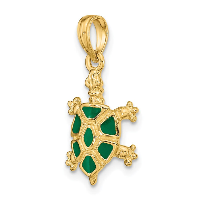 Million Charms 14K Yellow Gold Themed With Green Enamel Land Turtle Charm