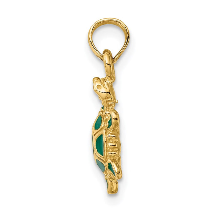 Million Charms 14K Yellow Gold Themed With Green Enamel 3-D Land Turtle Charm