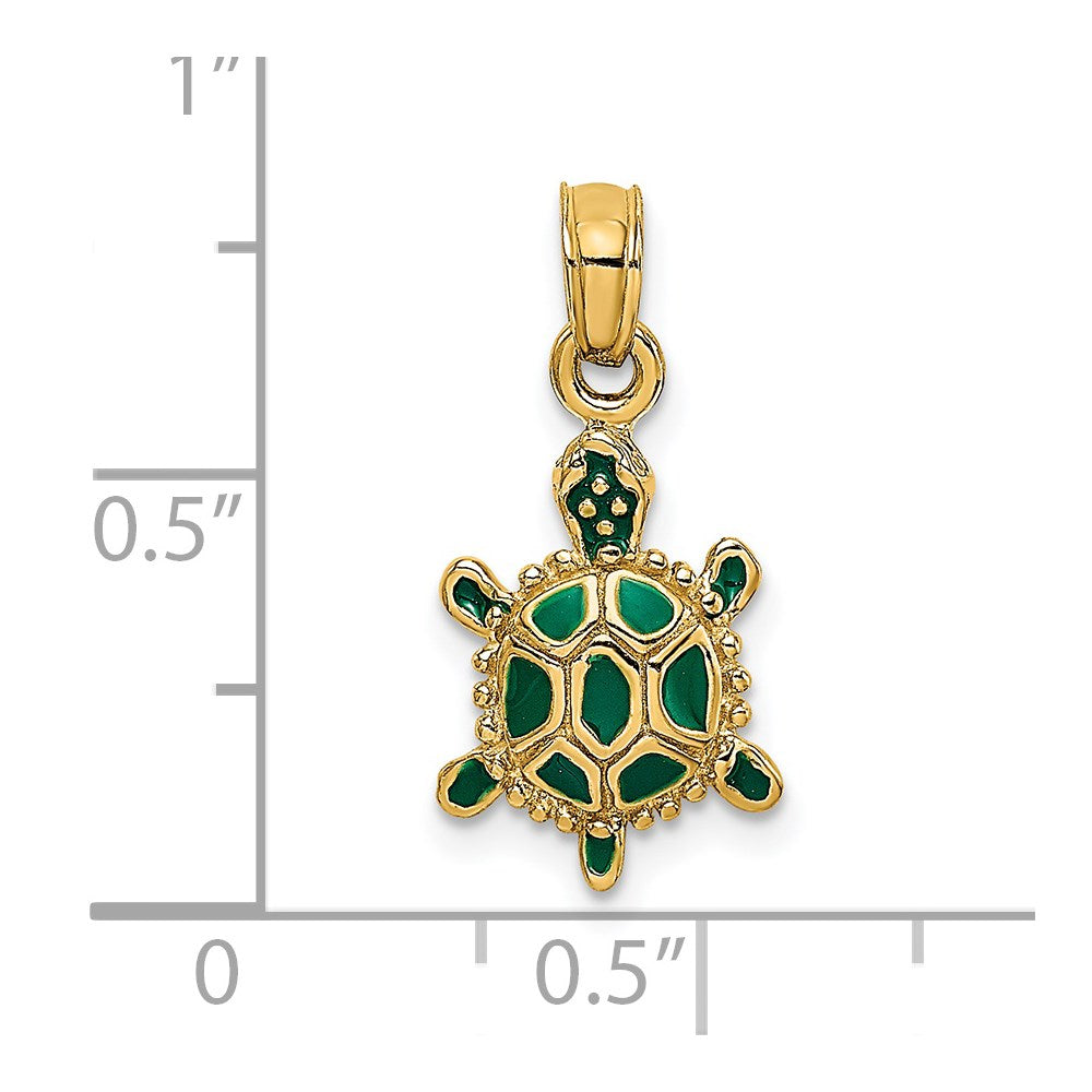 Million Charms 14K Yellow Gold Themed With Green Enamel 3-D Land Turtle Charm