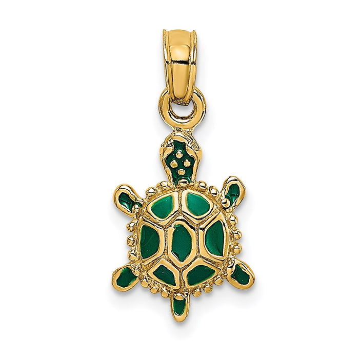 Million Charms 14K Yellow Gold Themed With Green Enamel 3-D Land Turtle Charm