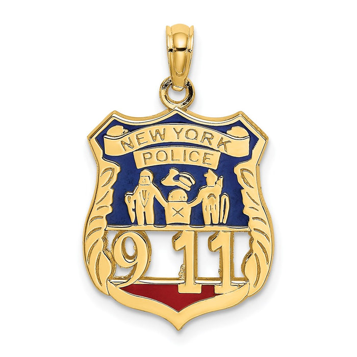 Million Charms 14K Yellow Gold Themed With Red & Blue Enamel New York Police 911 Badge Charm