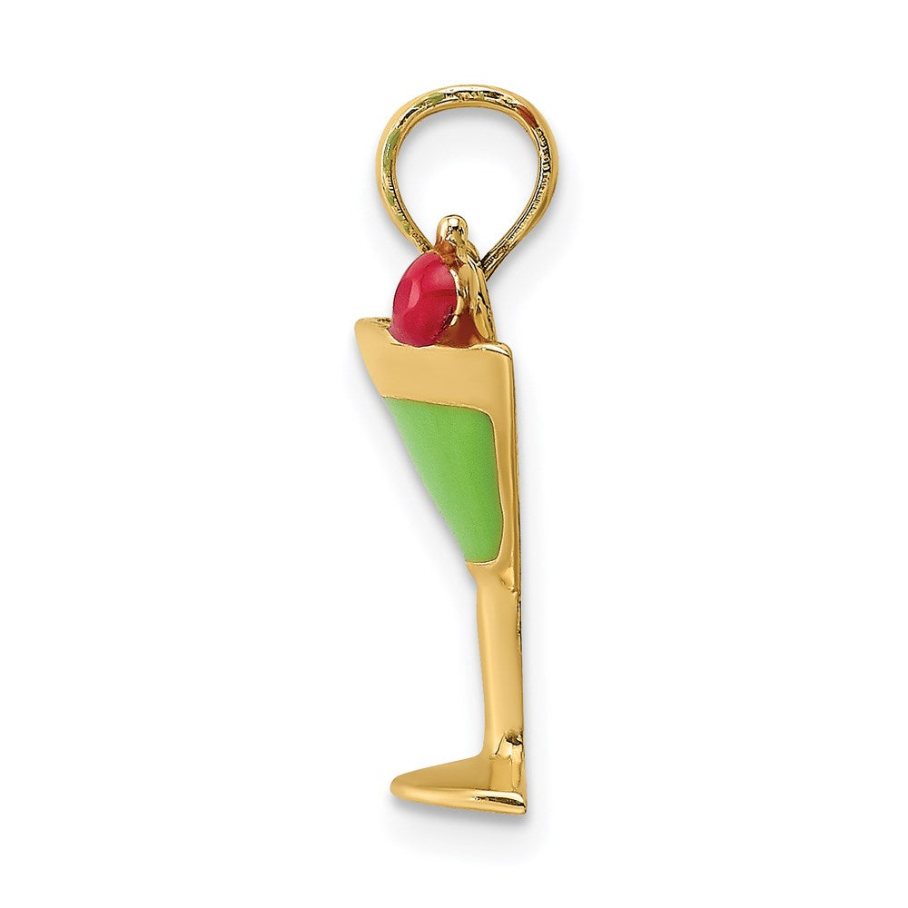 Million Charms 14K Yellow Gold Themed 2-D Green Enameled Martini With Cherry Charm