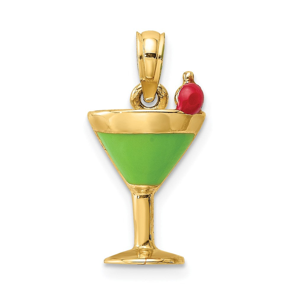 Million Charms 14K Yellow Gold Themed 2-D Green Enameled Martini With Cherry Charm