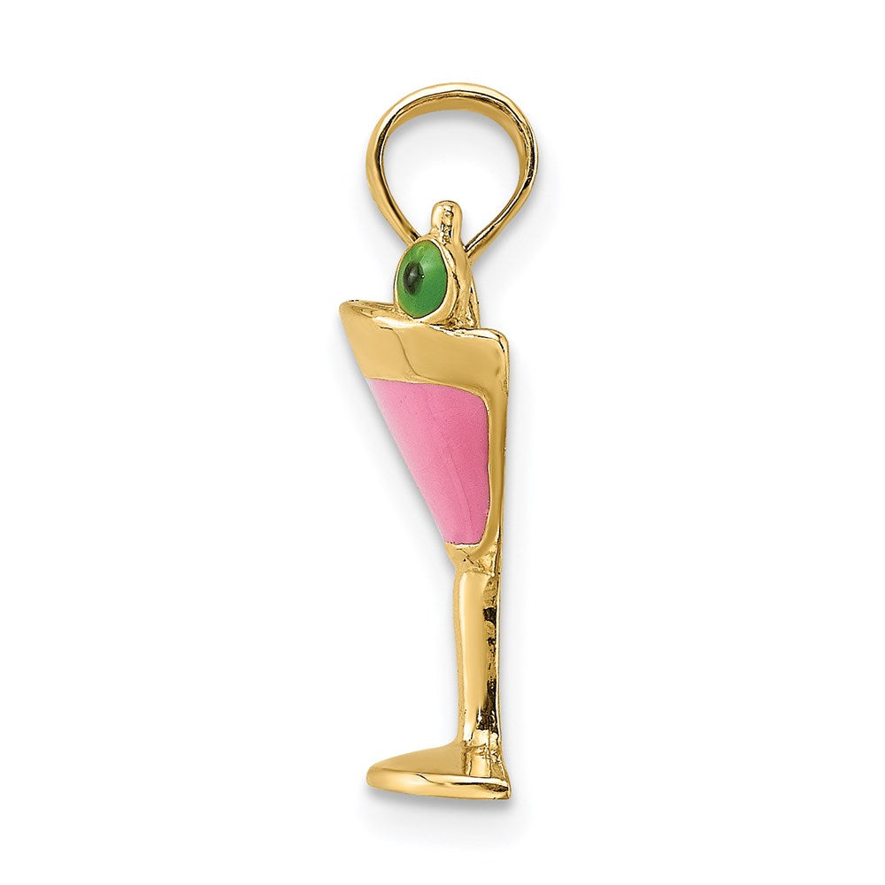 Million Charms 14K Yellow Gold Themed 2-D Pink Enameled Cosmo Martini With Olive Charm
