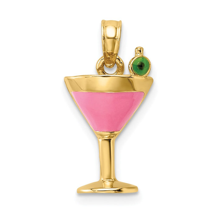 Million Charms 14K Yellow Gold Themed 2-D Pink Enameled Cosmo Martini With Olive Charm