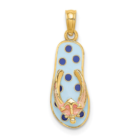 Million Charms 14K Yellow Gold Themed Enamel Nautical Anchor On Blue Polka-Dot Flip-Flop Charm