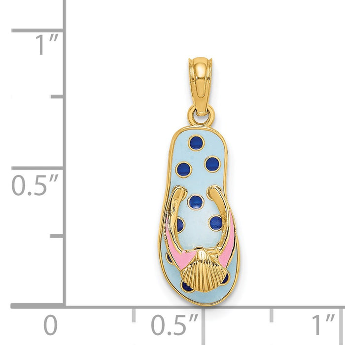 Million Charms 14K Yellow Gold Themed Enamel Shell On Blue Polka-Dot Flip-Flop Charm