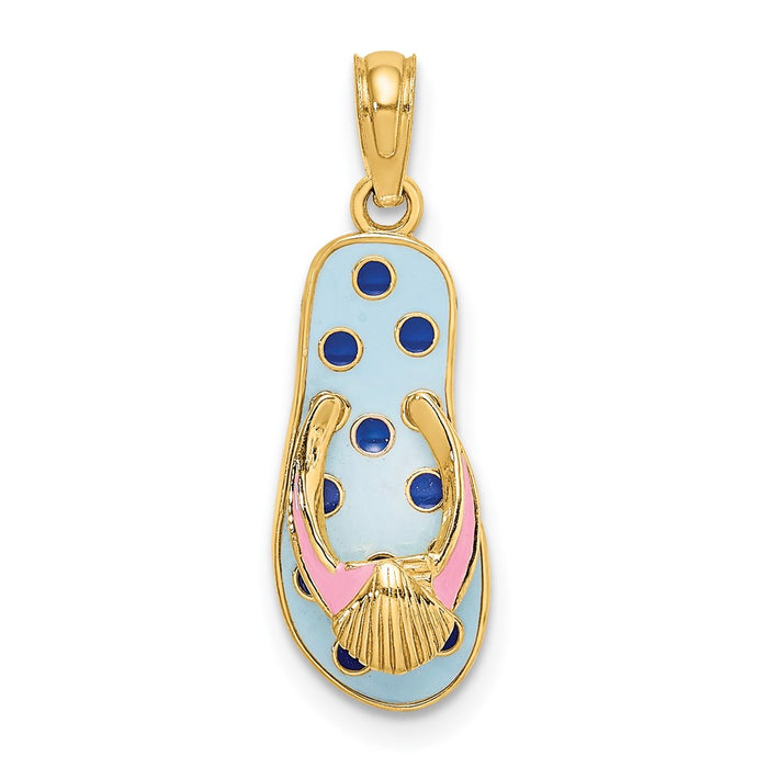 Million Charms 14K Yellow Gold Themed Enamel Shell On Blue Polka-Dot Flip-Flop Charm