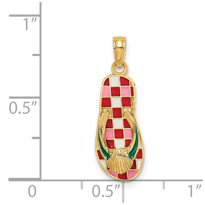 Million Charms 14K Yellow Gold Themed Enamel Shell On Red Checkered Flip-Flop Charm