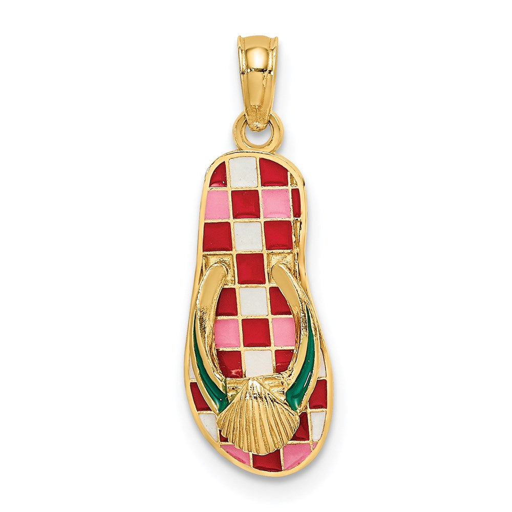 Million Charms 14K Yellow Gold Themed Enamel Shell On Red Checkered Flip-Flop Charm