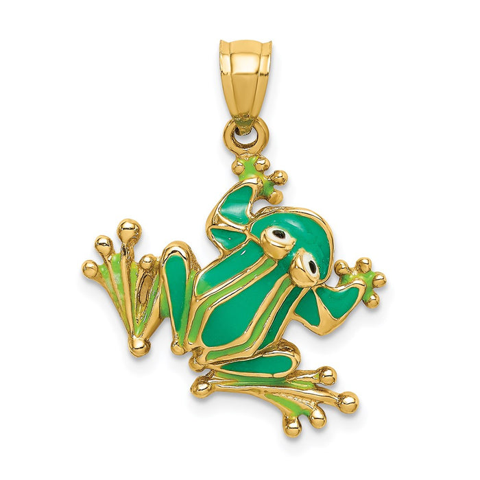 Million Charms 14K Yellow Gold Themed Green Enameled 2-D Frog Charm