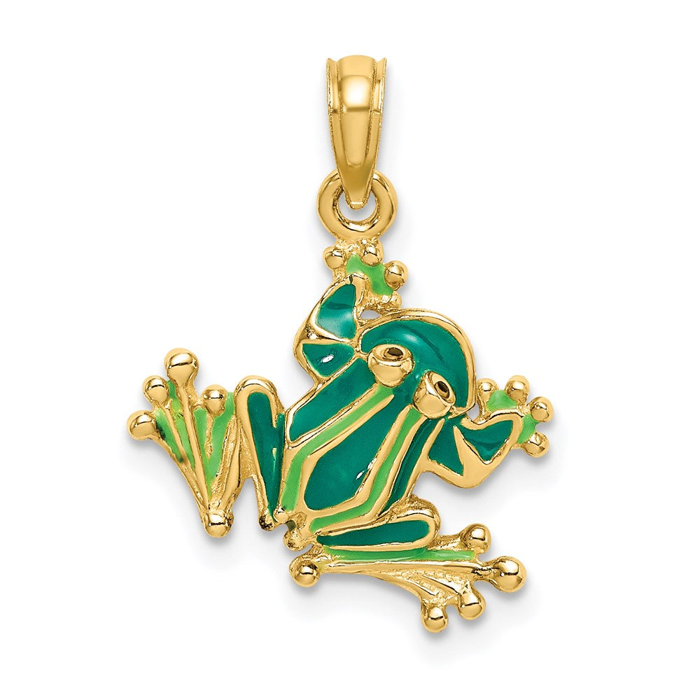 Million Charms 14K Yellow Gold Themed Green Enameled 2-D Small Frog Charm