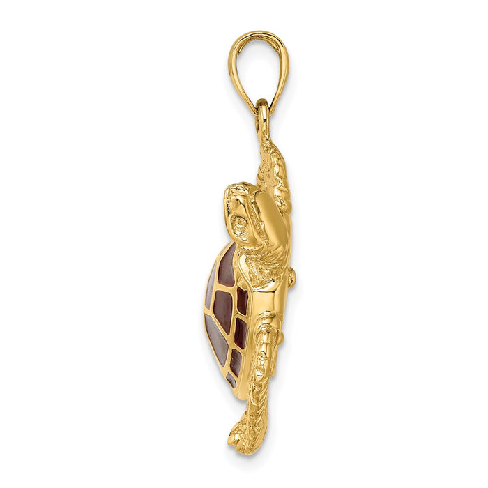 Million Charms 14K Yellow Gold Themed 3-D Brown Enamel Large Sea Turtle Charm