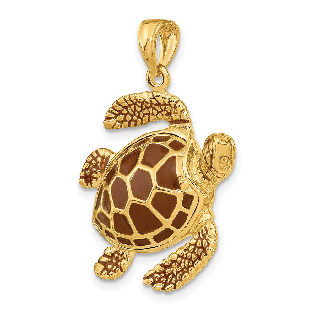 Million Charms 14K Yellow Gold Themed 3-D Brown Enamel Large Sea Turtle Charm