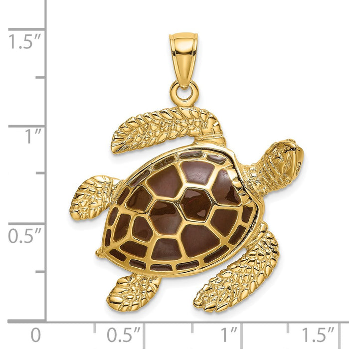 Million Charms 14K Yellow Gold Themed 3-D Brown Enamel Large Sea Turtle Charm