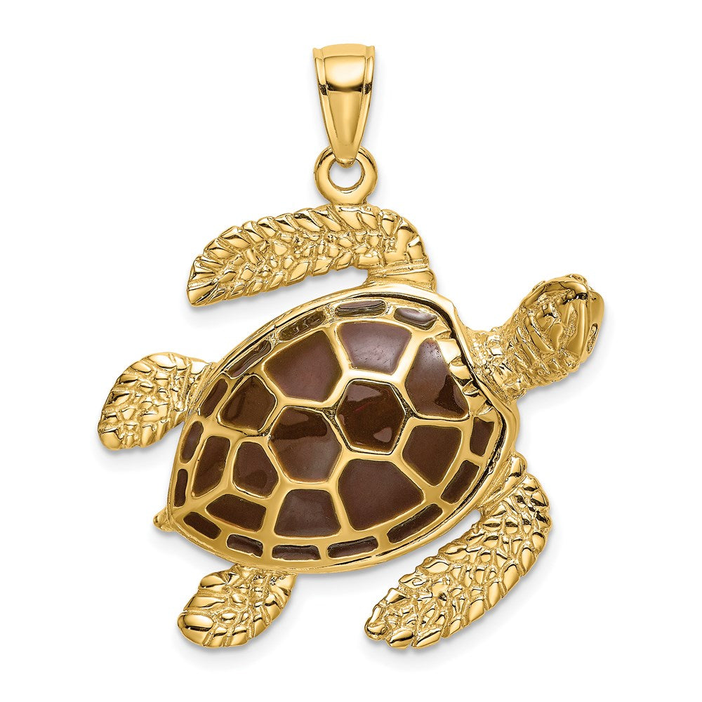 Million Charms 14K Yellow Gold Themed 3-D Brown Enamel Large Sea Turtle Charm