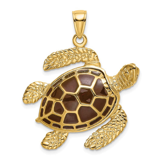 Million Charms 14K Yellow Gold Themed 3-D Brown Enamel Large Sea Turtle Charm