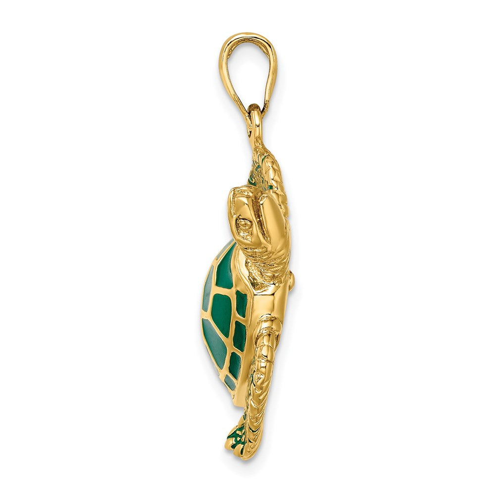 Million Charms 14K Yellow Gold Themed 3-D Green Enamel Large Sea Turtle Charm
