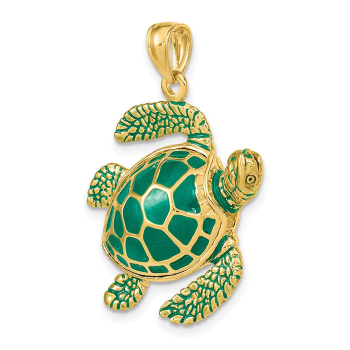 Million Charms 14K Yellow Gold Themed 3-D Green Enamel Large Sea Turtle Charm