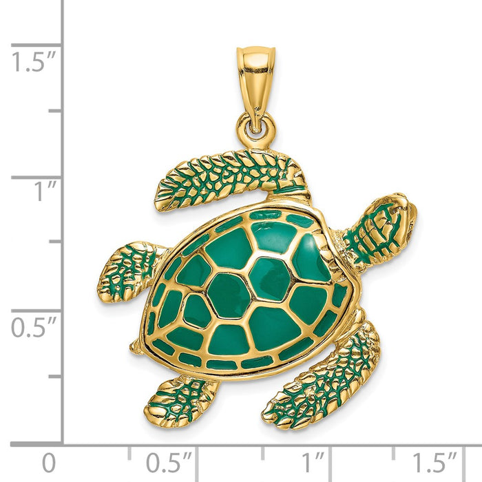 Million Charms 14K Yellow Gold Themed 3-D Green Enamel Large Sea Turtle Charm
