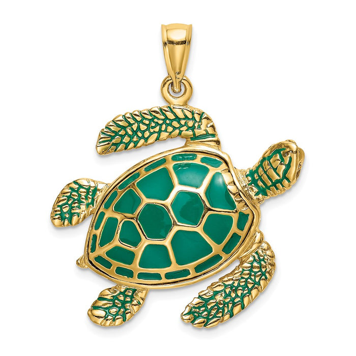 Million Charms 14K Yellow Gold Themed 3-D Green Enamel Large Sea Turtle Charm