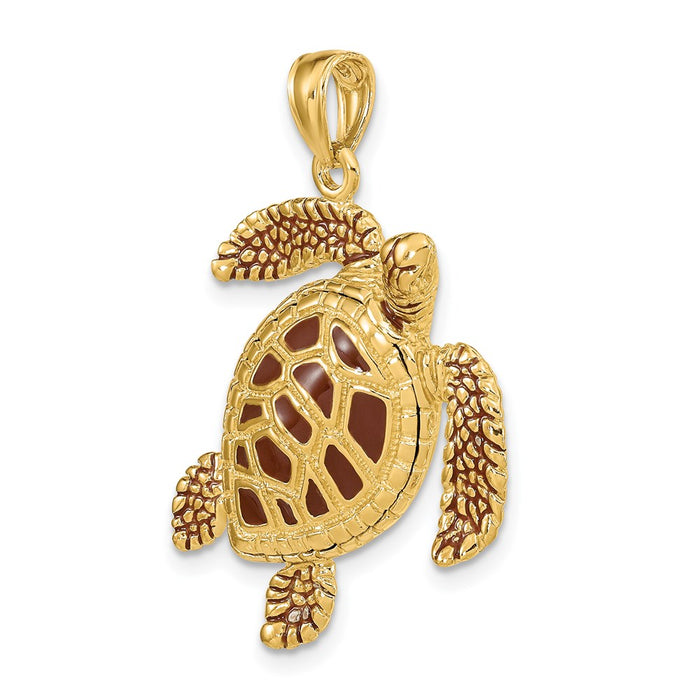 Million Charms 14K Yellow Gold Themed 3-D Brown Enamel & Textured Sea Turtle Charm