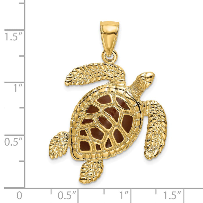 Million Charms 14K Yellow Gold Themed 3-D Brown Enamel & Textured Sea Turtle Charm