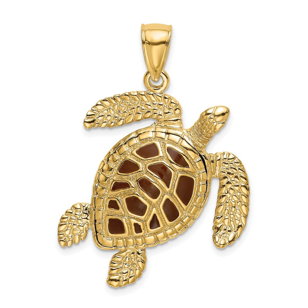 Million Charms 14K Yellow Gold Themed 3-D Brown Enamel & Textured Sea Turtle Charm