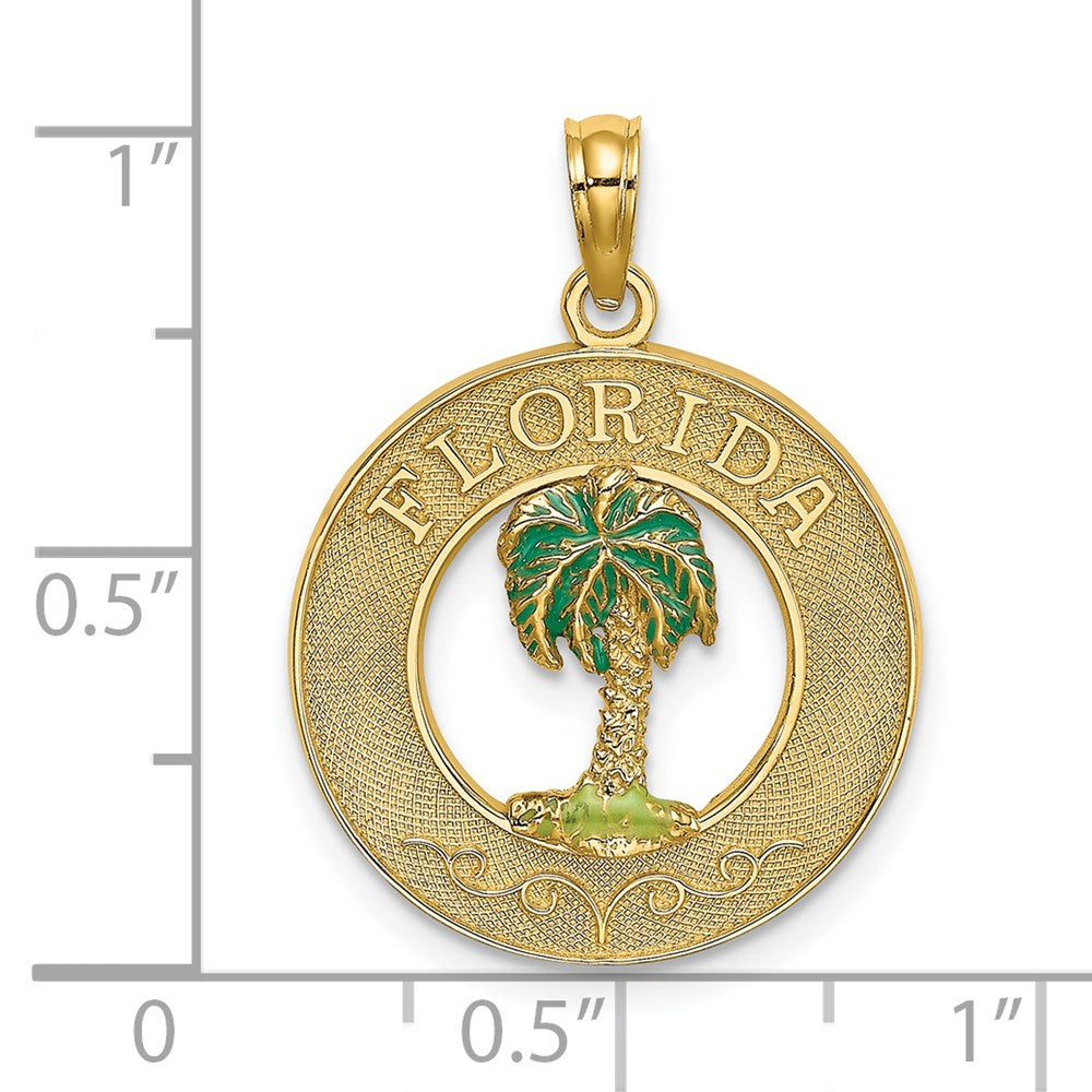 Million Charms 14K Yellow Gold Themed Florida Round Frame With Green Enamel Palm Tree Charm