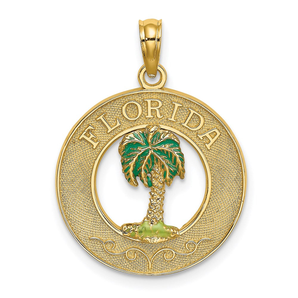 Million Charms 14K Yellow Gold Themed Florida Round Frame With Green Enamel Palm Tree Charm