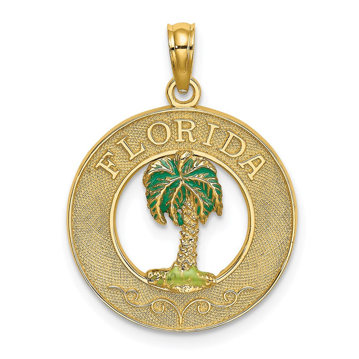 Million Charms 14K Yellow Gold Themed Florida Round Frame With Green Enamel Palm Tree Charm