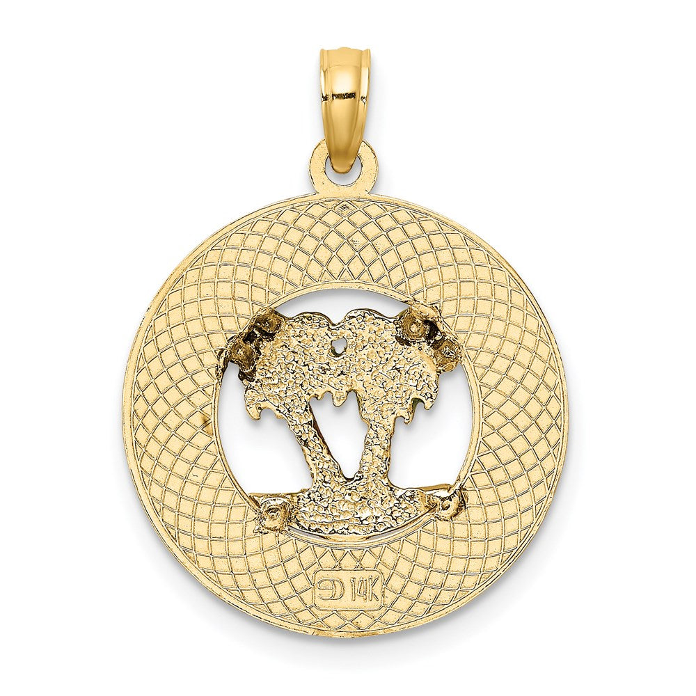 Million Charms 14K Yellow Gold Themed Florida Round Frame With Green Enamel Palm Trees Charm