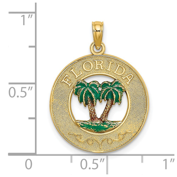Million Charms 14K Yellow Gold Themed Florida Round Frame With Green Enamel Palm Trees Charm