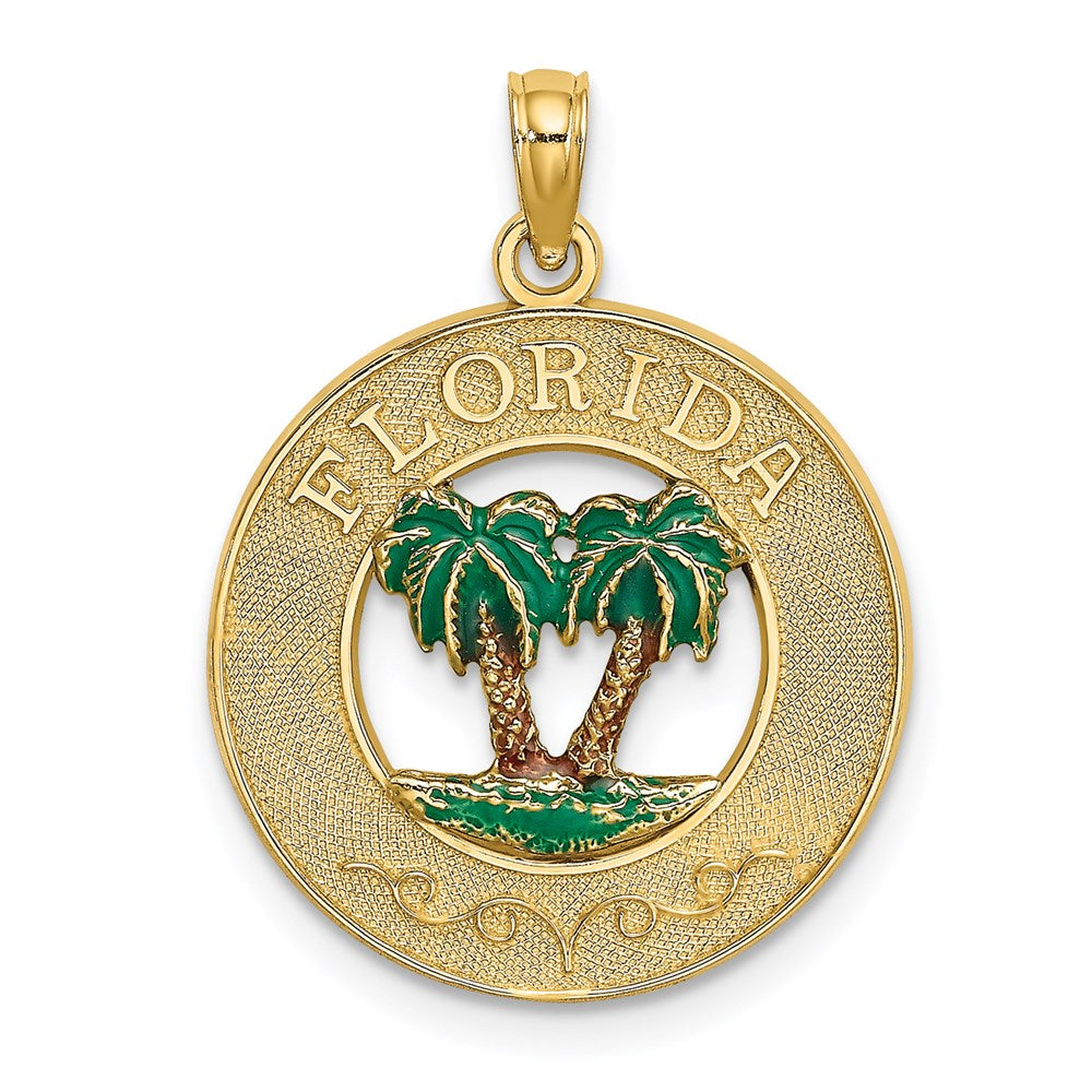 Million Charms 14K Yellow Gold Themed Florida Round Frame With Green Enamel Palm Trees Charm