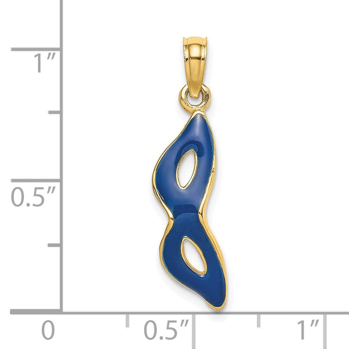 Million Charms 14K Yellow Gold Themed 3-D & Beveled With Blue Enamel Masquerade Mask Pendant