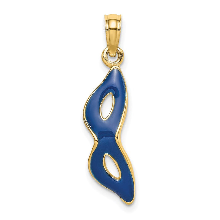 Million Charms 14K Yellow Gold Themed 3-D & Beveled With Blue Enamel Masquerade Mask Pendant