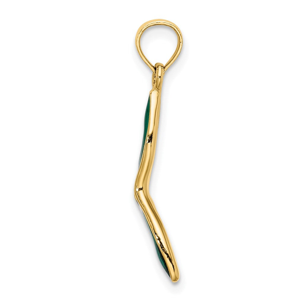 Million Charms 14K Yellow Gold Themed 3-D & Beveled With Green Enamel Masquerade Mask Pendant